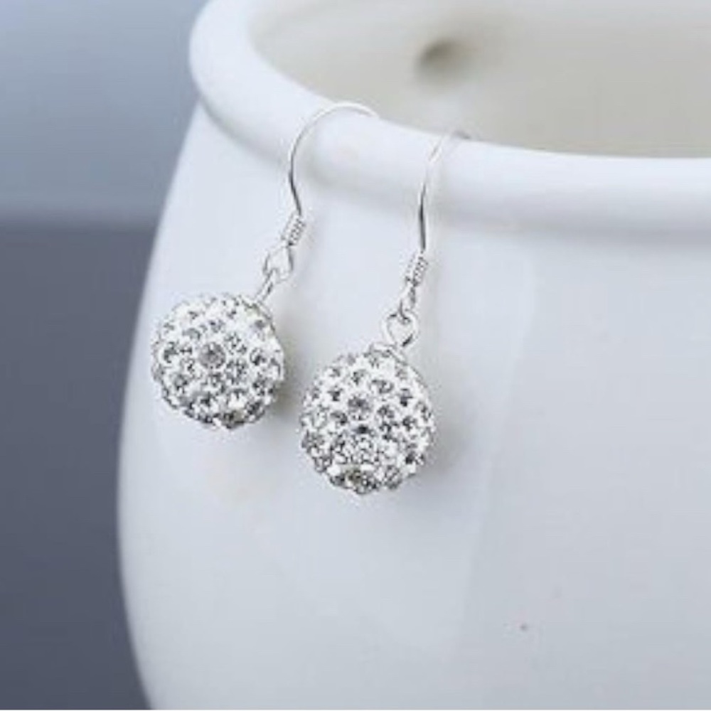 White Gold Plated Rhinestone Ice Sphere Drop Earrings. New. - Picture 3 of 7